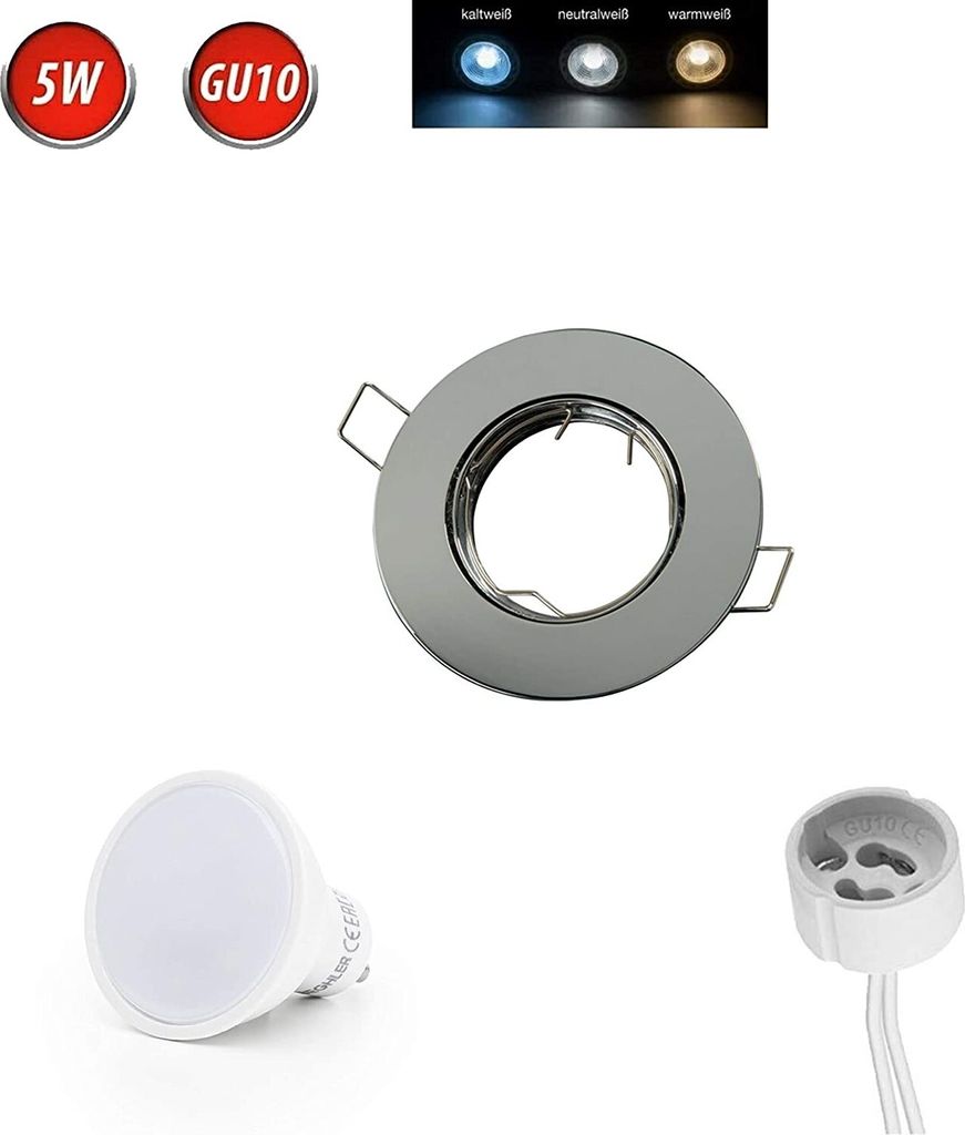Einbaustrahler GU10 Ø80mm Bohrloch Alu inkl. GU10 5W Neutralweiß 350 Lumen LED Leuchtmittel Satin Rund