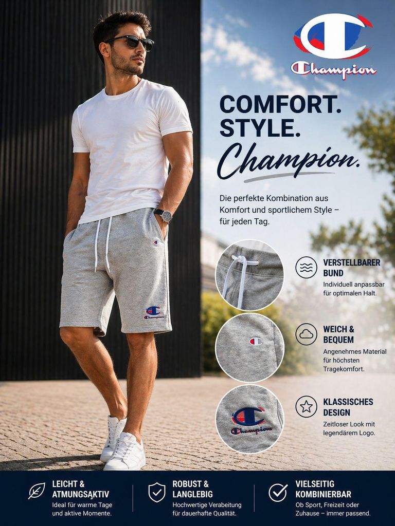 Champion Herren Shorts Grau L – Sweatshorts Baumwolle Sport Produktbild 