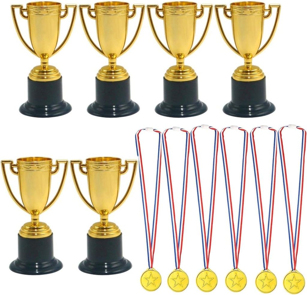 Set von 6 Plastik-Trophäen und Medaillen für Kindergeburtstagsfeiern - Sportauszeichnungen für Fußball, Baseball und Basketball