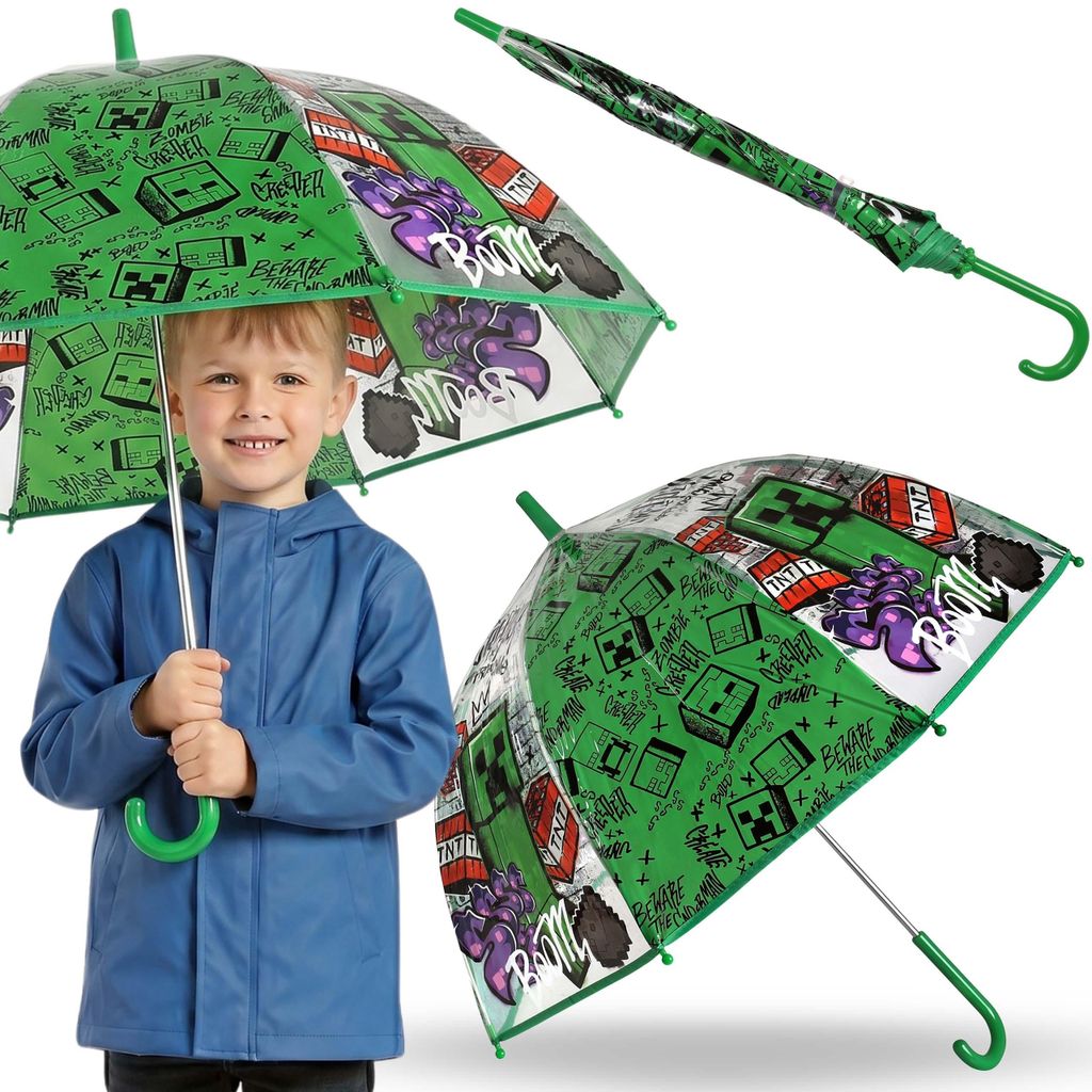 Minecraft Kinder-Klappschirm mit Schnappverschluss, transparenter manueller Regenschirm, 46 cm