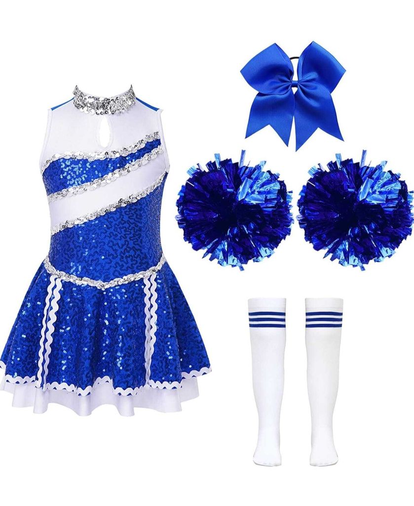 A cheerleading costume set laid out on a white background.