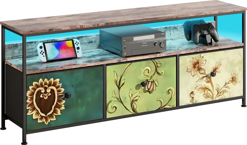 Mobile TV Fortuna Lai 108x30x57 cm con illuminazione LED, 4 cassetti in tessuto colorato, piedini regolabili in altezza, struttura in truciolato E1 e ferro