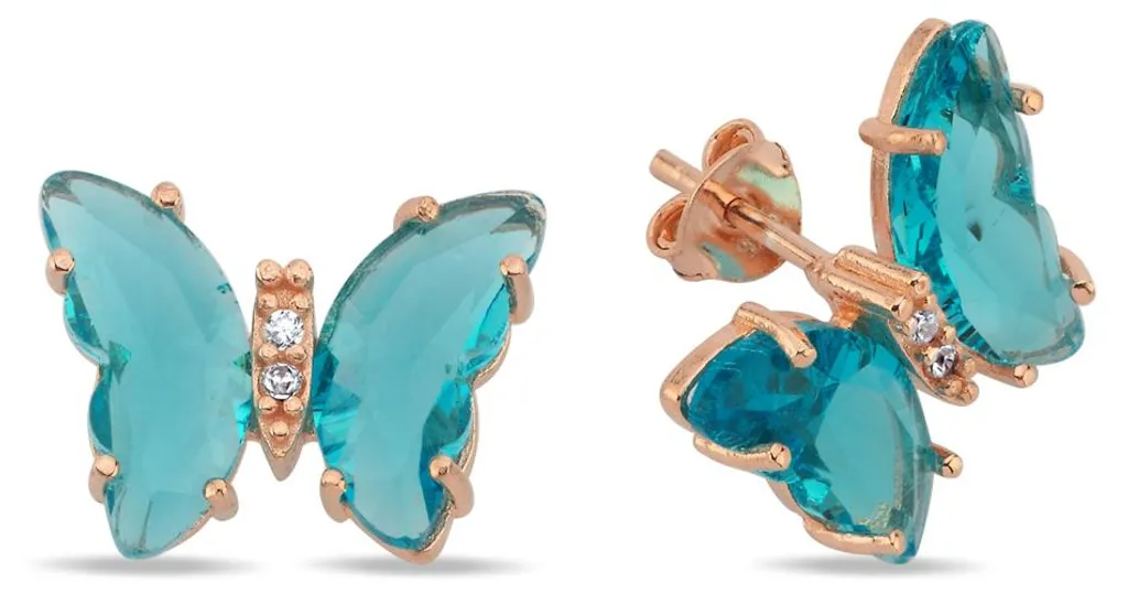 Boucles d'oreilles papillon en argent 925 doré rose et zircon bleu