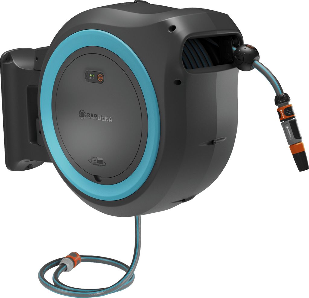 A wall-mounted hose reel with a hose extended.