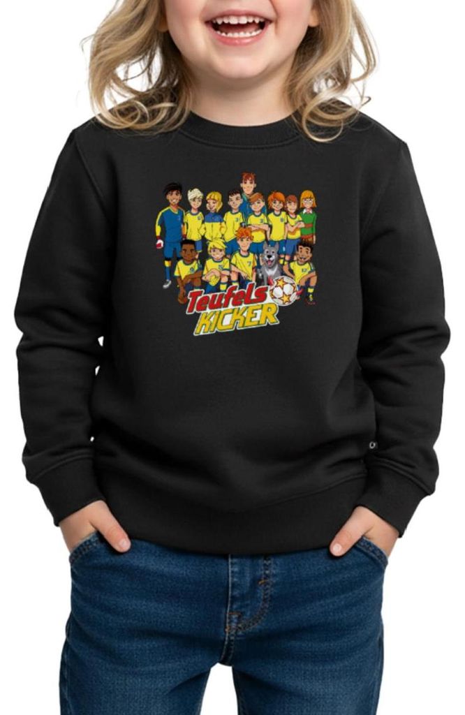 Spreadshirt Teufelskicker Fußballmannschaft Kinder Premium Pullover, 134/140 (8 Jahre), Schwarz