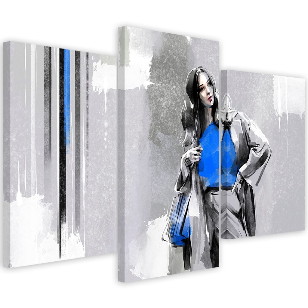 Triptychon auf leinwand frau im mantel 90x60 cm Feeby silber wandbild bereit zum aufhängen