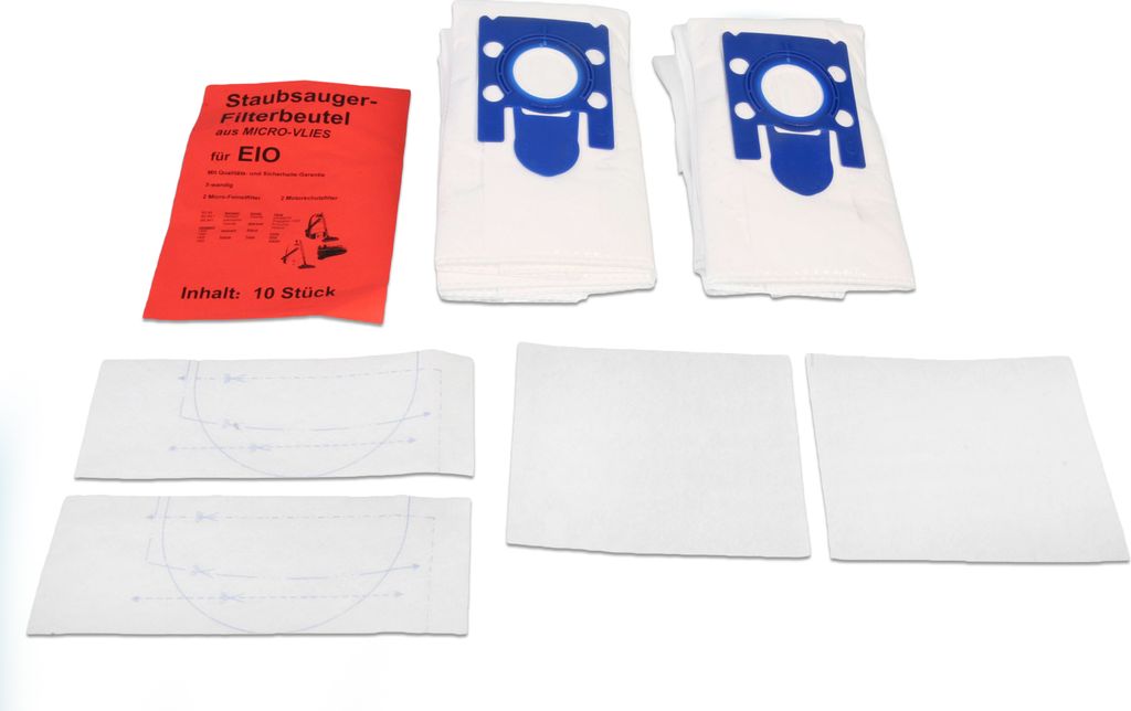 A collection of vacuum cleaner bags and filters arranged on a white background.