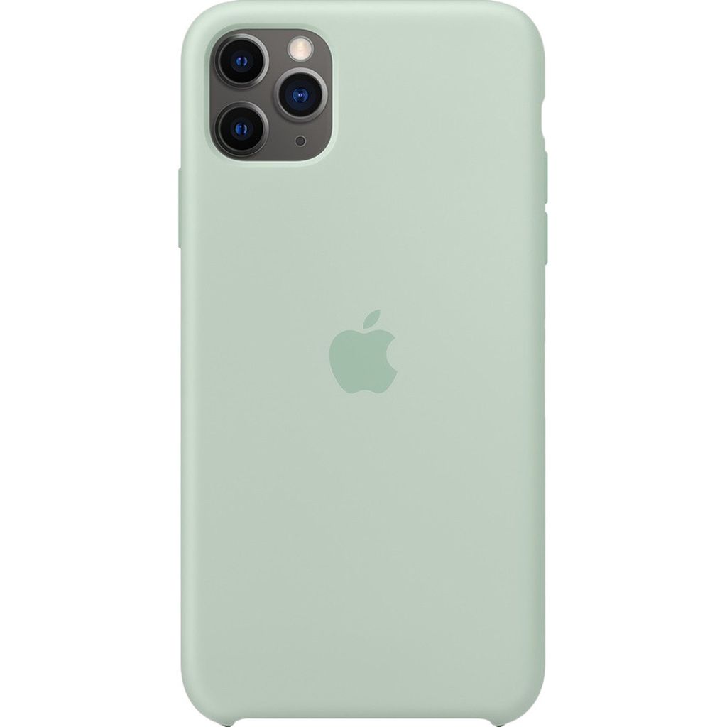 A light green iPhone case with the Apple logo in the center.