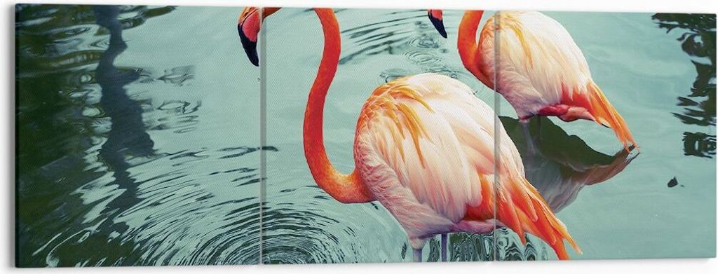Bild auf Leinwand - Leinwandbild - 3 Teile - Rosa Flamingos Wasser - 150x50cm - Wand Bild - Wanddeko - Wandbilder - Leinwanddruck - Bilder - Wandde...