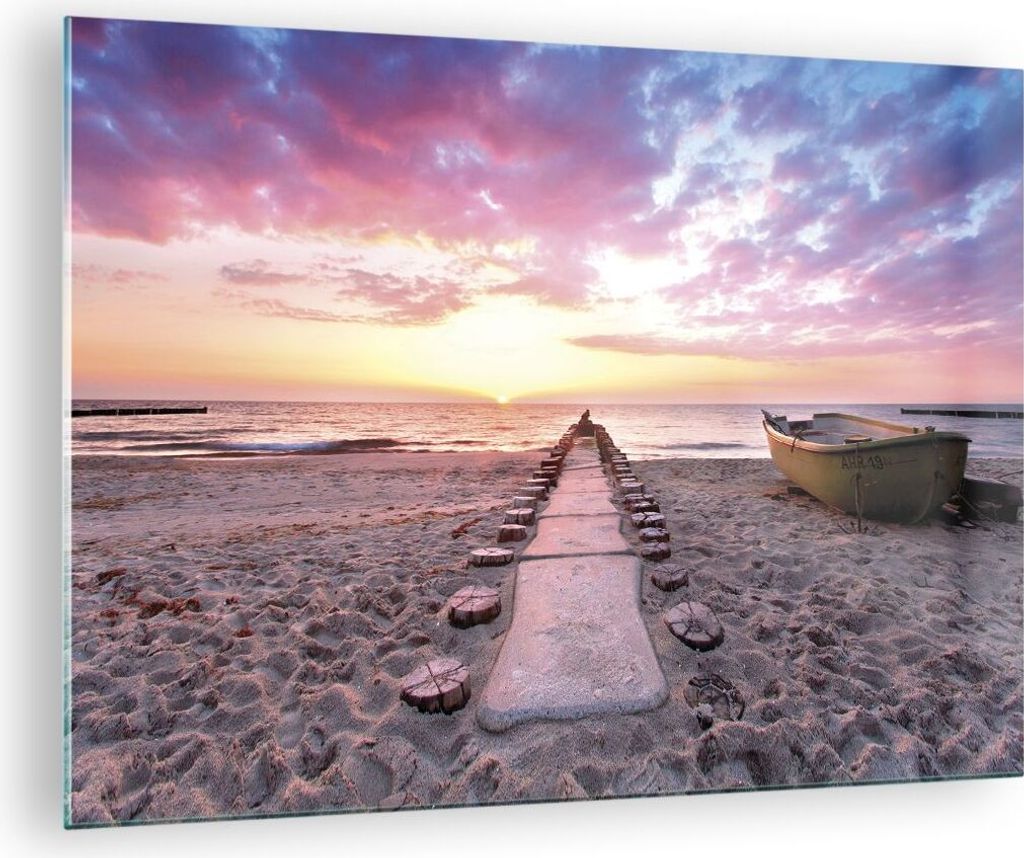 Bilder auf glas - Einteilig - Boot Strand Himmel - 70x50cm - Glasbilder - Wandbilder - Bilder - zum Aufhängen bereit - Wanddekoration aus Glas - G...