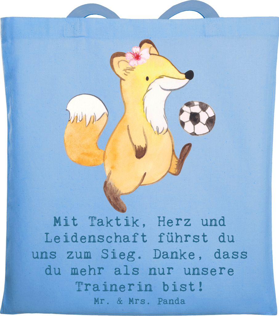 Mr. & Mrs. Panda Schultasche Fussball Trainerin - Sky Blue - Geschenk, Tote Bag, unerschütterlicher Einsatz, Hommage, Einkaufstasche, Tasche, Spor...