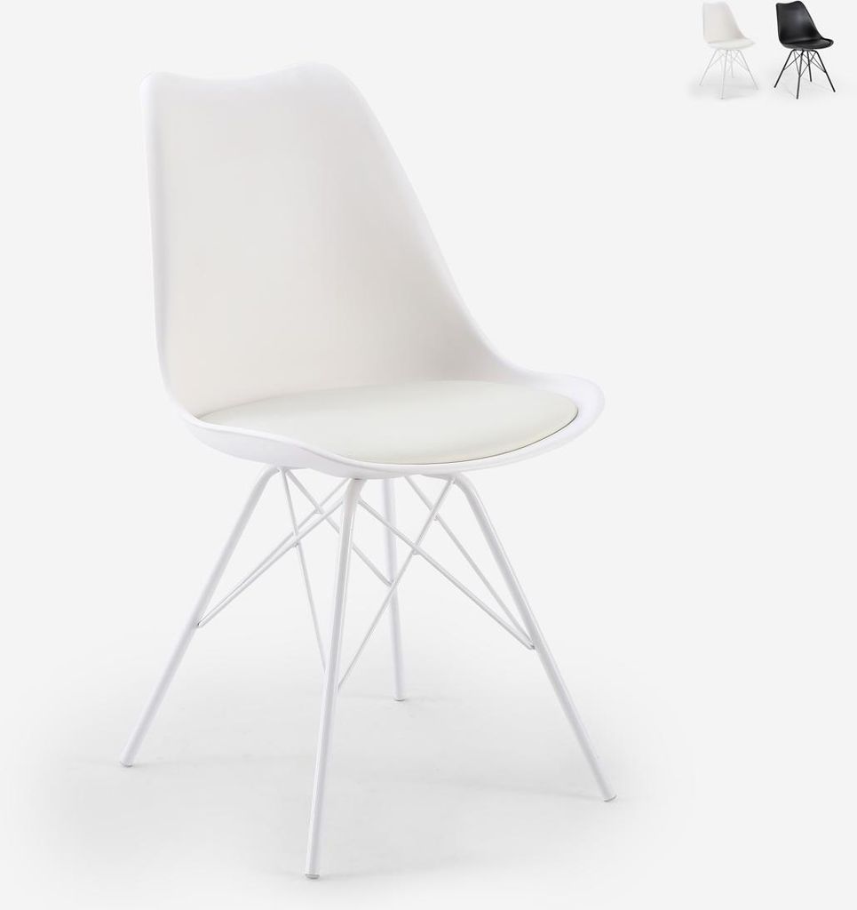 A white designer chair with a white metal base, shown against a white background. Small images of white and black chairs are visible in the top right corner.