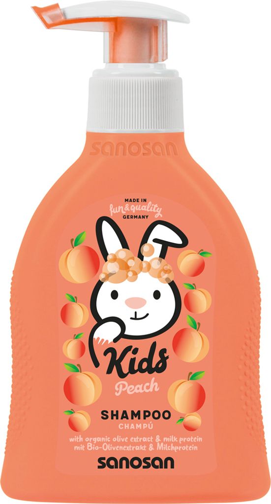 sanosan Shampoo Pfirsich für Kinder & Babys 200 ml - Haarshampoo mit Bio Olivenextrakt & Milchprotein - Haarpflege