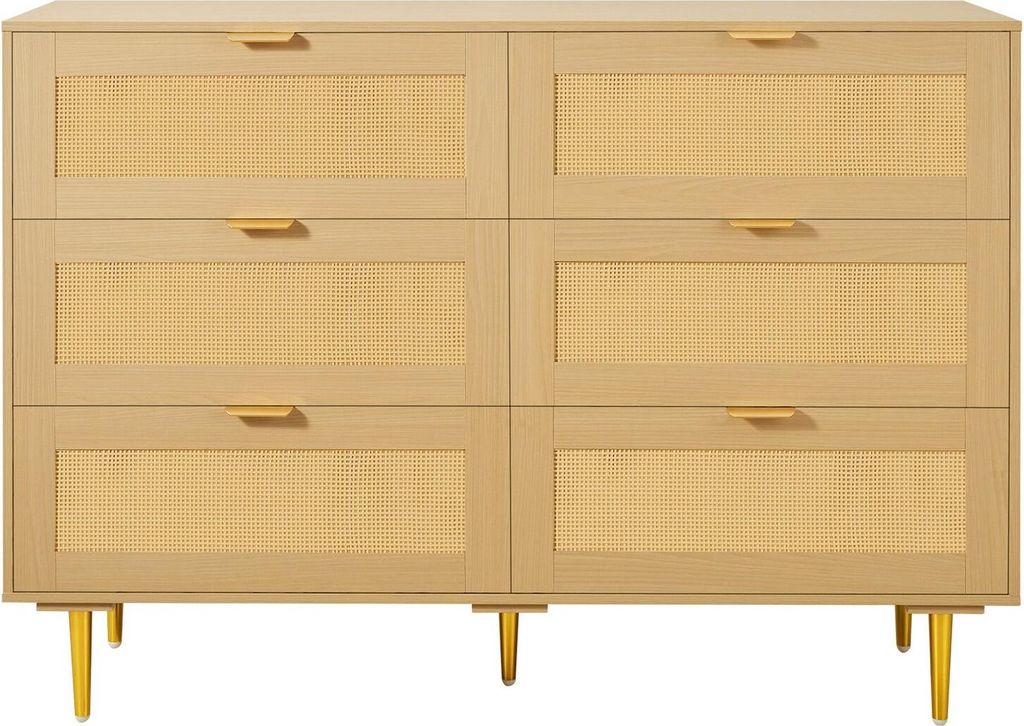 6-Schubladen-Kommode aus Rattan, Doppelkommode für das Schlafzimmer, Kommode aus Naturrattan mit Metallgriffen und -beinen, moderne Kleiderkommode...
