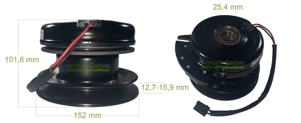 Two views of a black electromagnetic clutch for a lawn tractor, with dimensions indicated.