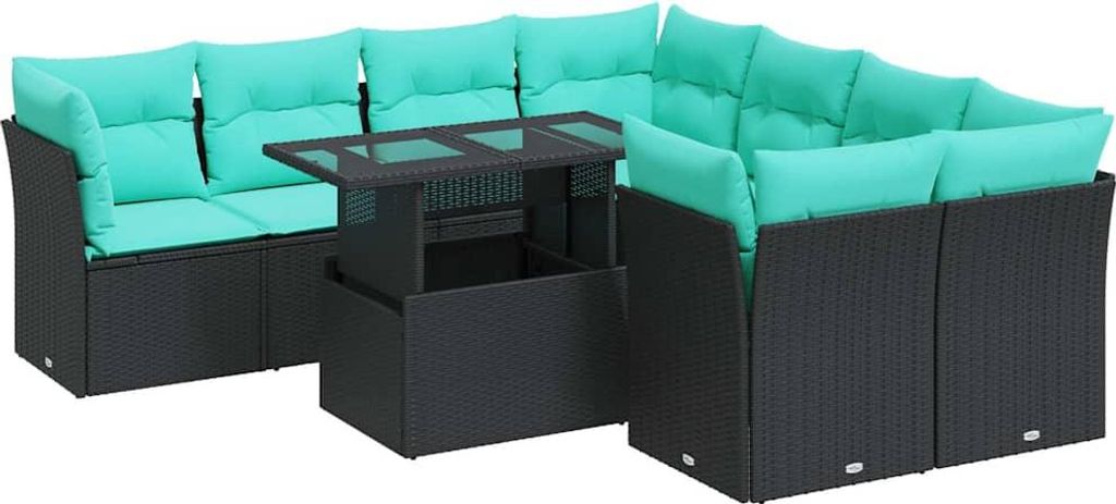 9-tlg. Garten-Sofagarnitur mit Kissen Schwarz Poly Rattan