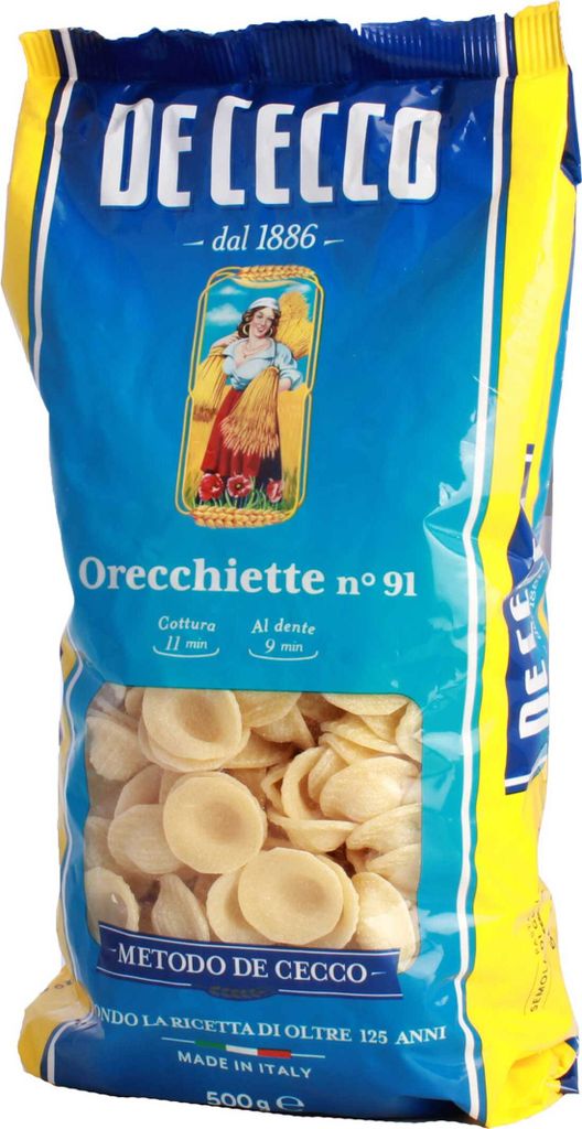 A bag of De Cecco Orecchiette pasta.