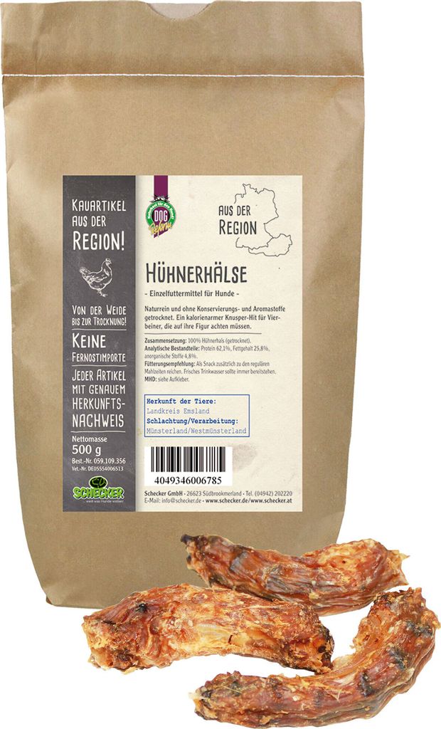 1kg Schecker Hühnerhälse (Geflügel-Schlund) - Hundefutter naturrein - fettarm