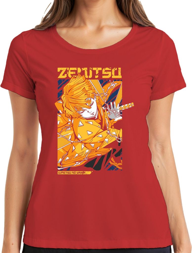 Zenitsu Kimetsu no Yaiba Blitz Schwert Anime Dämonenjäger Japan Y2K Streetwear Damen T-Shirt, Rot, XL