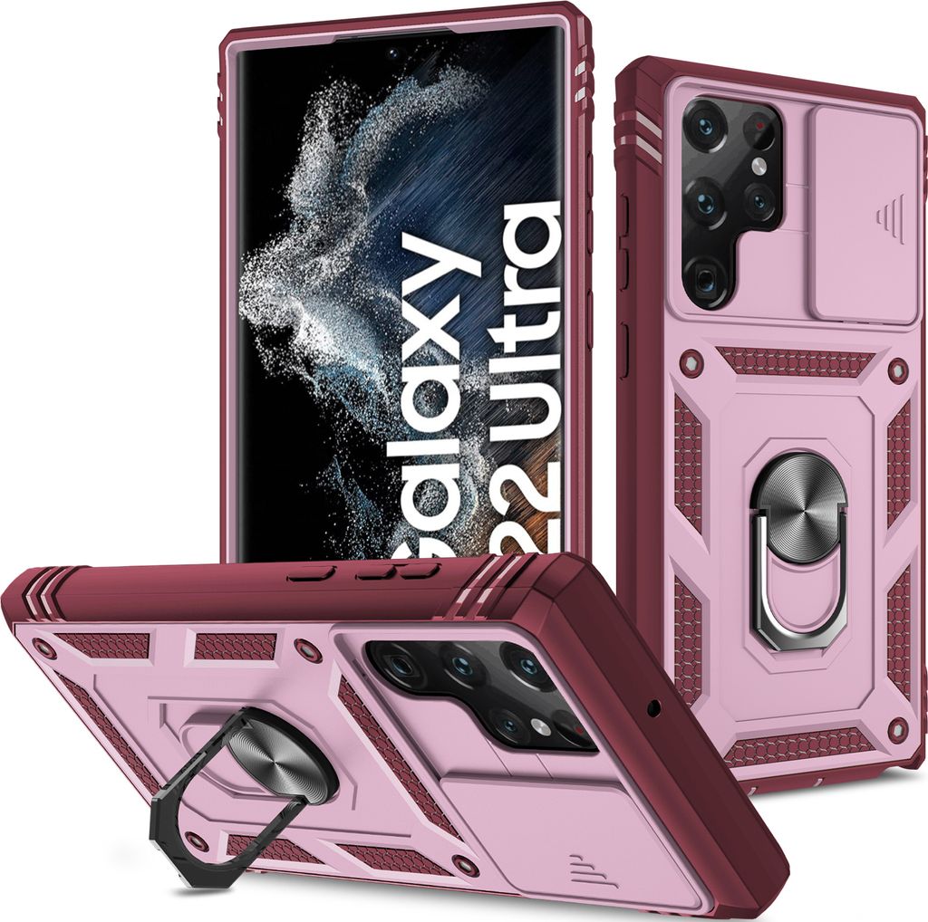 Galaxy S22 Ultra 5G Hülle, Schiebe Kamera Schutz Robust Rüstung Stoßfest Schutzhülle mit Ringhalterung Ständer Kartenhalter für Samsung Galax...