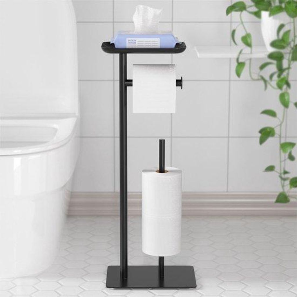 Stehendes Toilettenpapierhalter mit Ablage, schwarz, 4-Rollen-Kapazität
