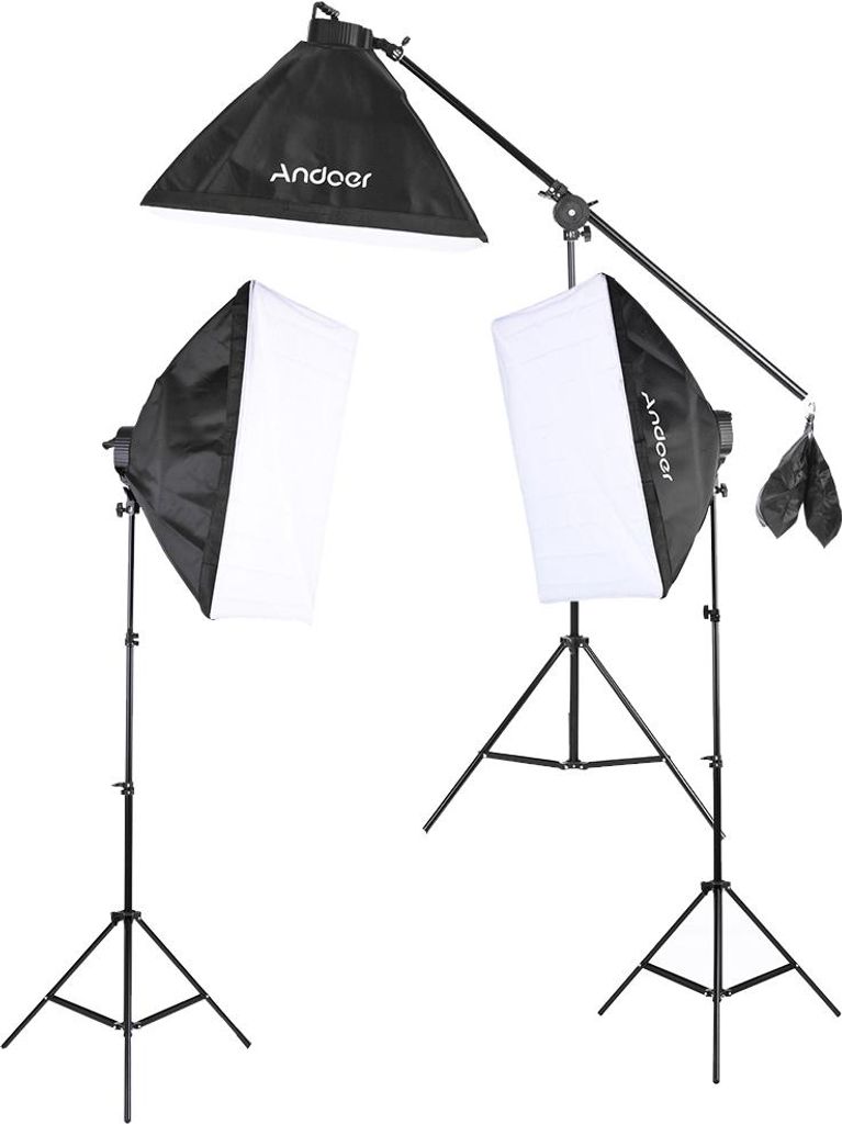 Andoer Studio Photo Video Lighting Kit with 12 * 45W Bulb / 3 * 4in1 Bulb Socket / 3 * Softbox / 3 * Light Stand / 1 * Cantilever Stick / 1 *