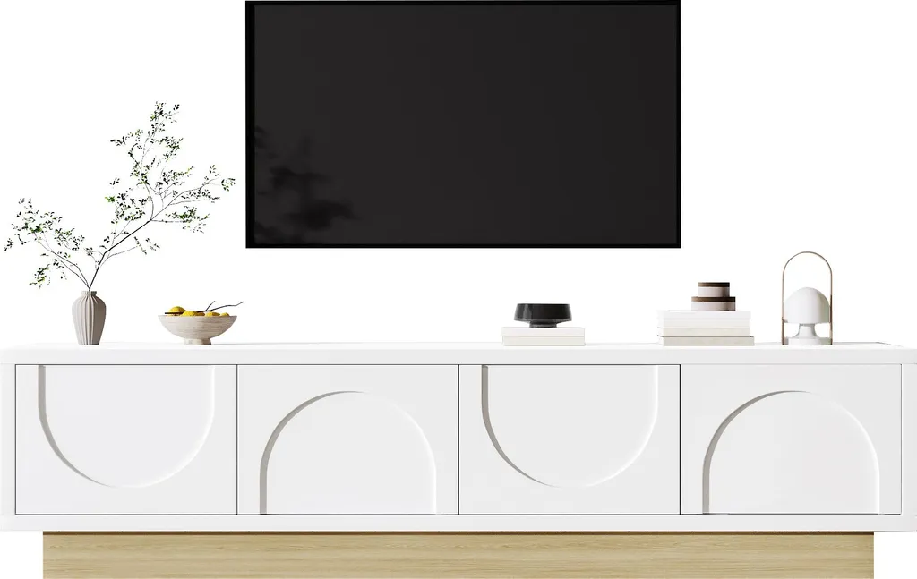 Banc TV 175 cm blanc scandinave aux lignes courbes et gestion câbles