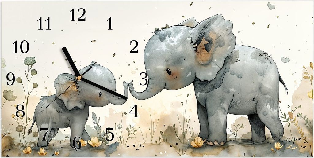 Wanduhr aus Glas mit Motiv Elefantenfamilie- 60 x 30 cm - inkl. Aufhängesystem