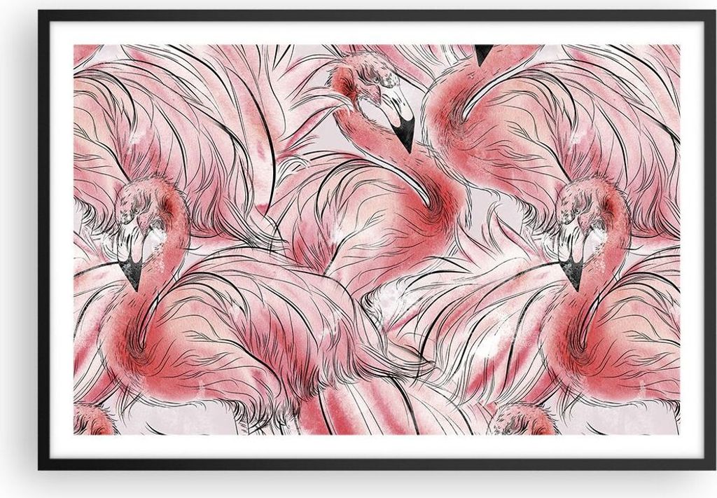 Gerahmtes Poster - Schwarzer Rahmen - Flamingo Pink Exotik - 91,5x61 cm - Wand Bild - Wanddeko - Wandbilder - Kunstposter - Wandposter - Bilderrahm...