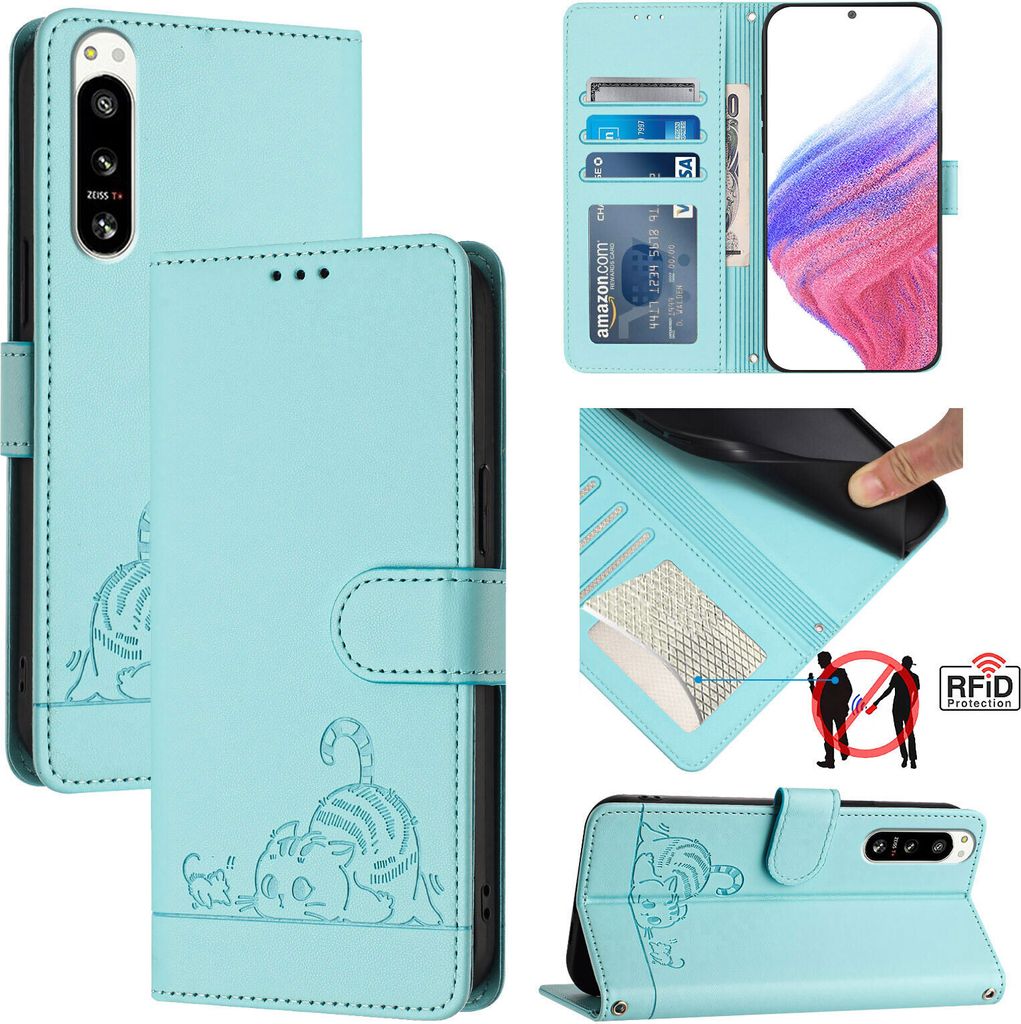 Leder Hülle für Sony Xperia 5 IV Süße Katze Flip Case Brieftasche Schutzhülle mit Standfunktion hellgrün