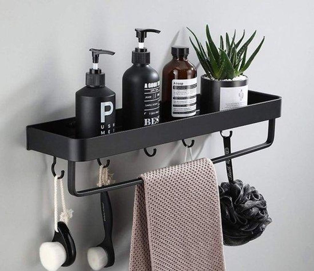 Wandmontiertes Metallregal, schwarz, rostfrei, 40 cm, 4 Haken