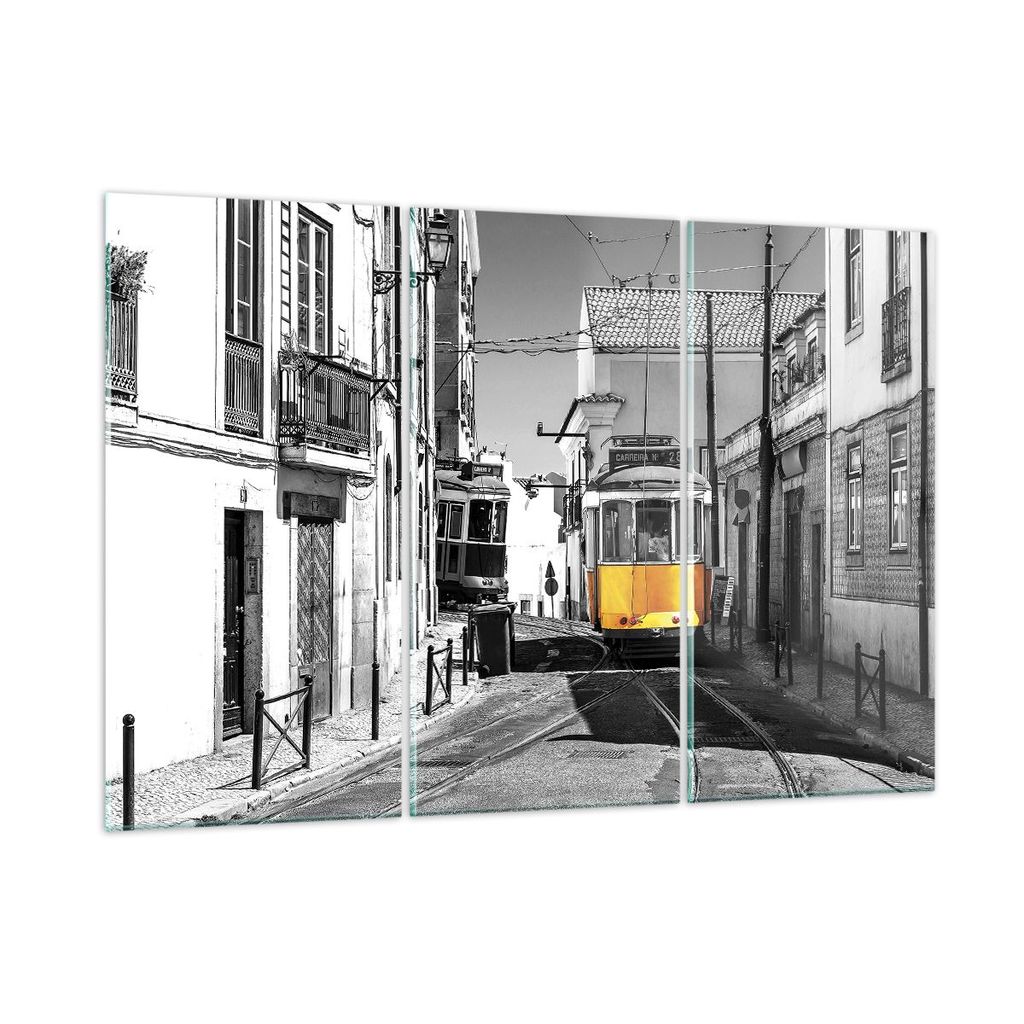 Bilder auf glas - 3 Teile - Straßenbahn Portugal Lissabon - 105x70cm - Glasbilder - Wandbilder - Bilder - Wanddekoration aus Glas - Glas Bilder - ...