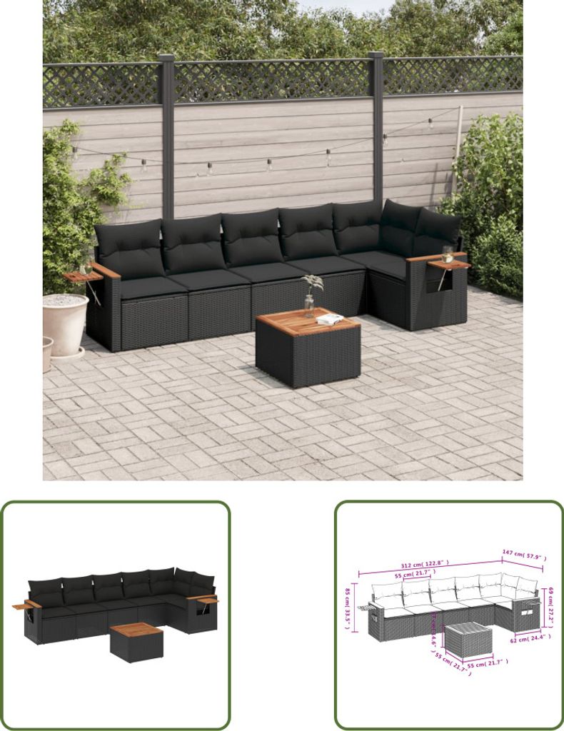 The Living Store 7-tlg. Garten-Sofagarnitur mit Kissen Schwarz Poly Rattan