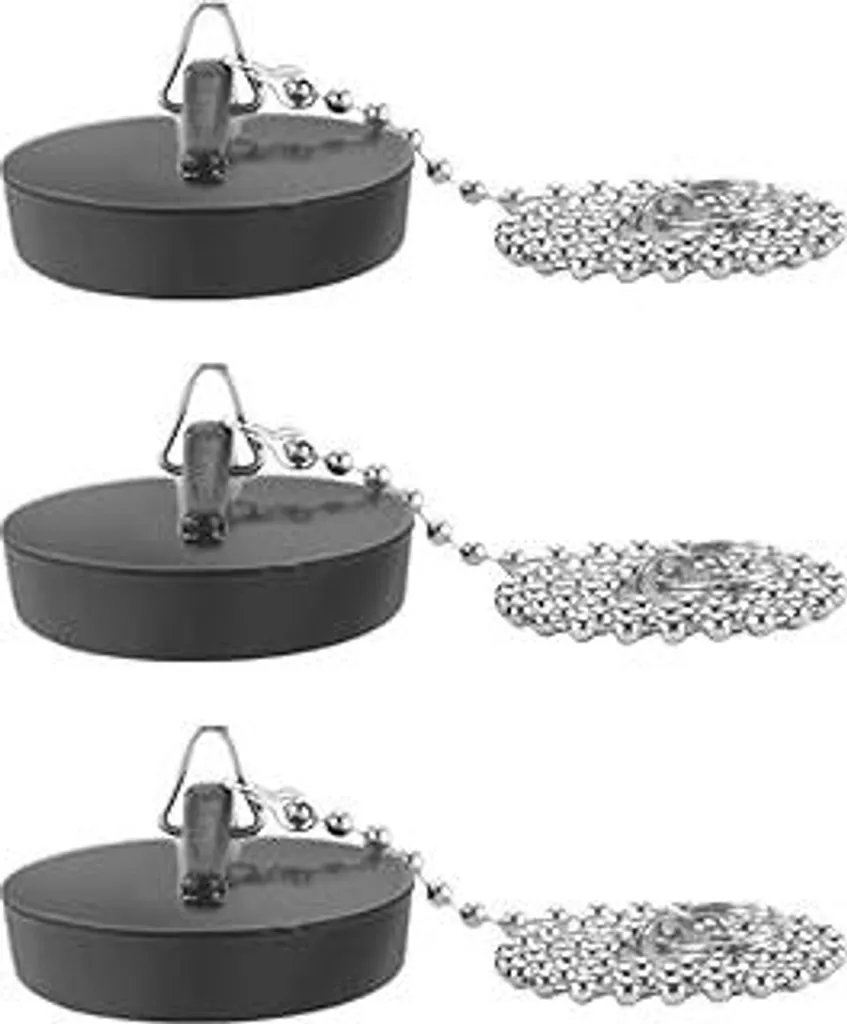 Set 3 Tappi per Lavello e Vasca | Gomma Nera con Catena 40 cm - 1