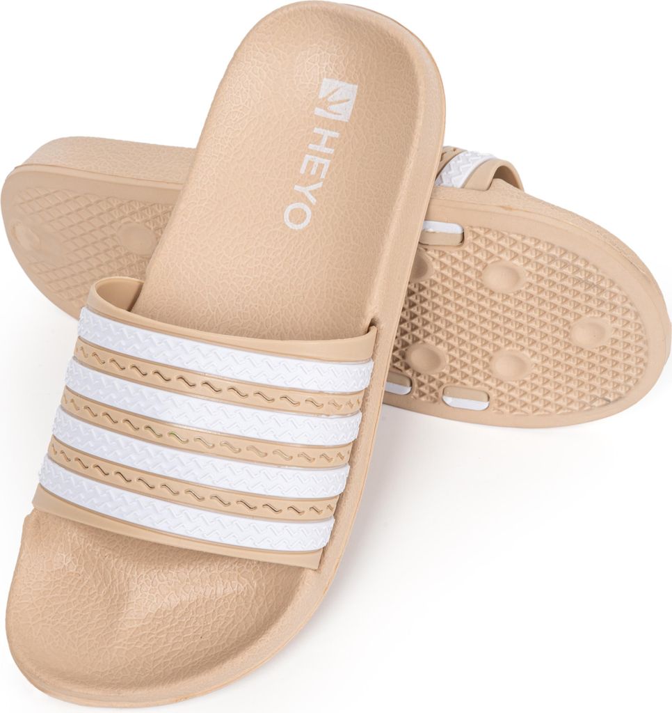Badeschuhe für Damen Herren HEYO leichte Eva Badelatschen Hausschuhe Gestreifte Pantoletten für Schwimmbad, Strand Beige 36