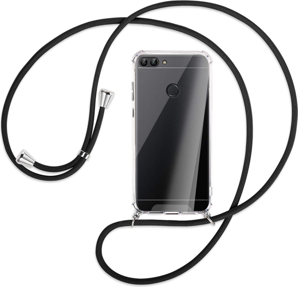 Handykette Backcover-Schutzhülle mit Band (Metall silberfarben) für Huawei P smart / Enjoy 7S - schwarz