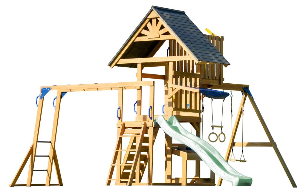 AXI Mitch Spielturm aus Holz in Braun mit Doppelschaukel | Spielplatz für Kinder mit Pastellgrün Rutsche, Schaukel, Trapez, Kletterwand, Aussicht...