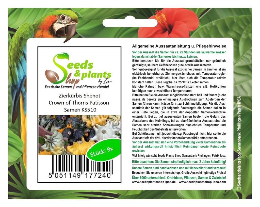 9x Zierkürbis Shenot Crown of Thorns Patisson Samen Gemüse KS510