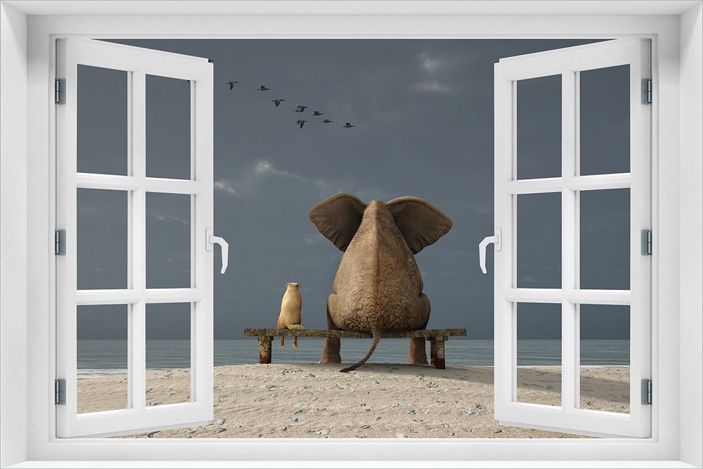 Wallario Wandbild aus Acryl, 60 x 90 cm, freischwebende Optik - Elefant und Hund sitzen auf einer Bank mit Fenster-Illusion