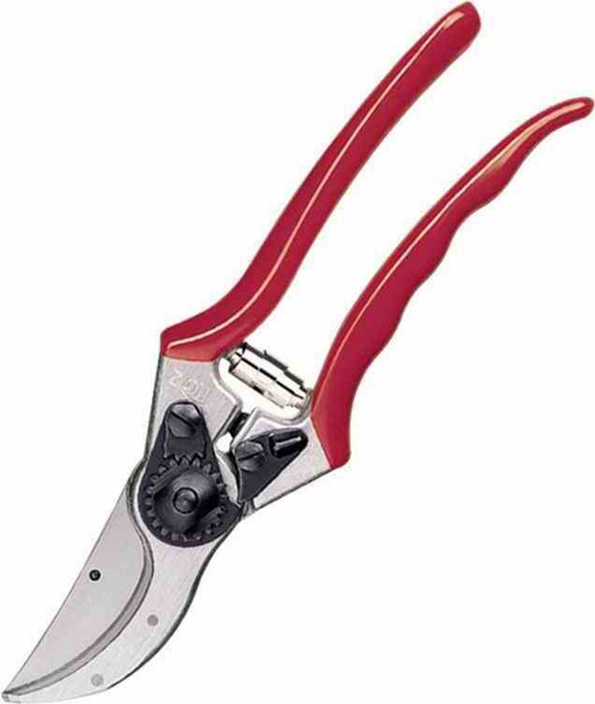 A pair of red-handled pruning shears on a white background.