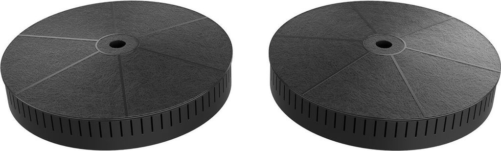 Two black circular carbon filters for a kitchen hood, shown from a slightly angled top view.