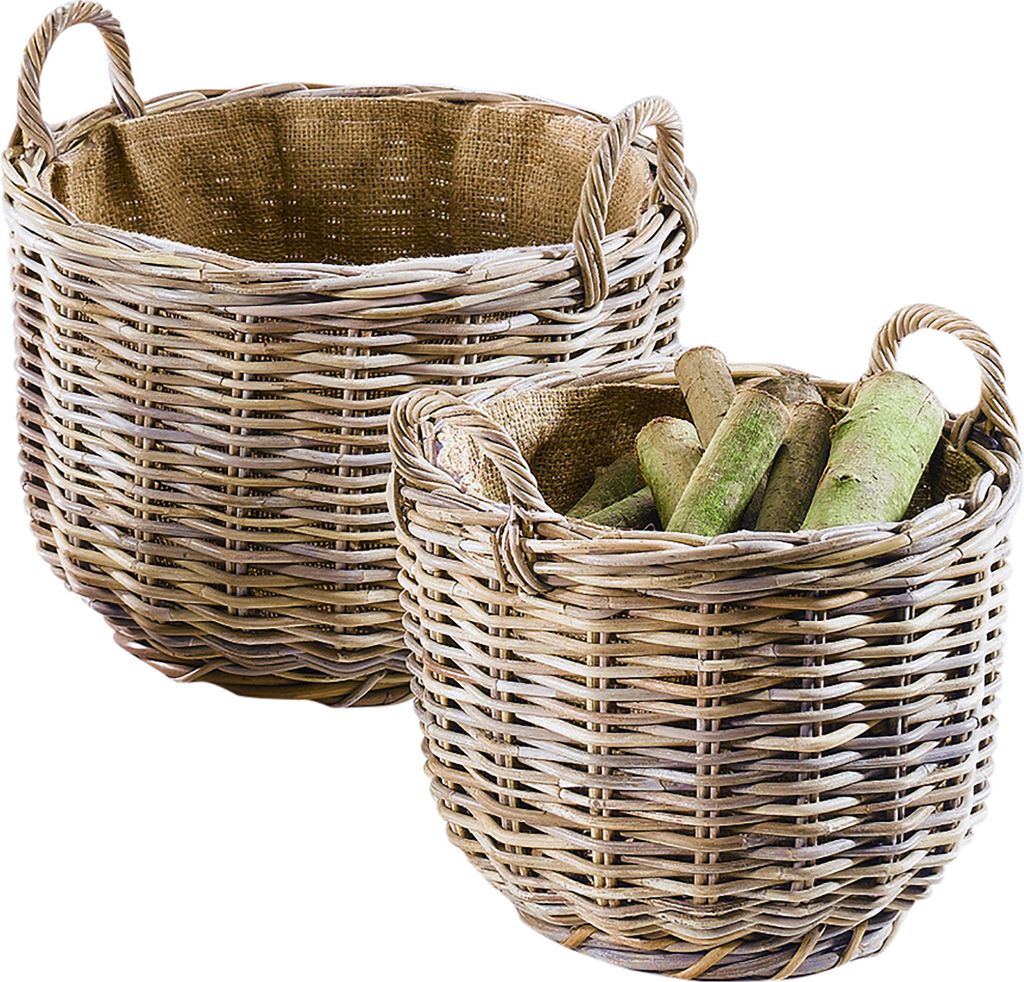 Kobolo Holztrage Holzkörbe 2er Set rund grau Rattan | Holzkorb für Kaminholz Kaminholzkorb Feuerkörbe Körbe für Holz Aufbewahrungskorb Wohnzim...