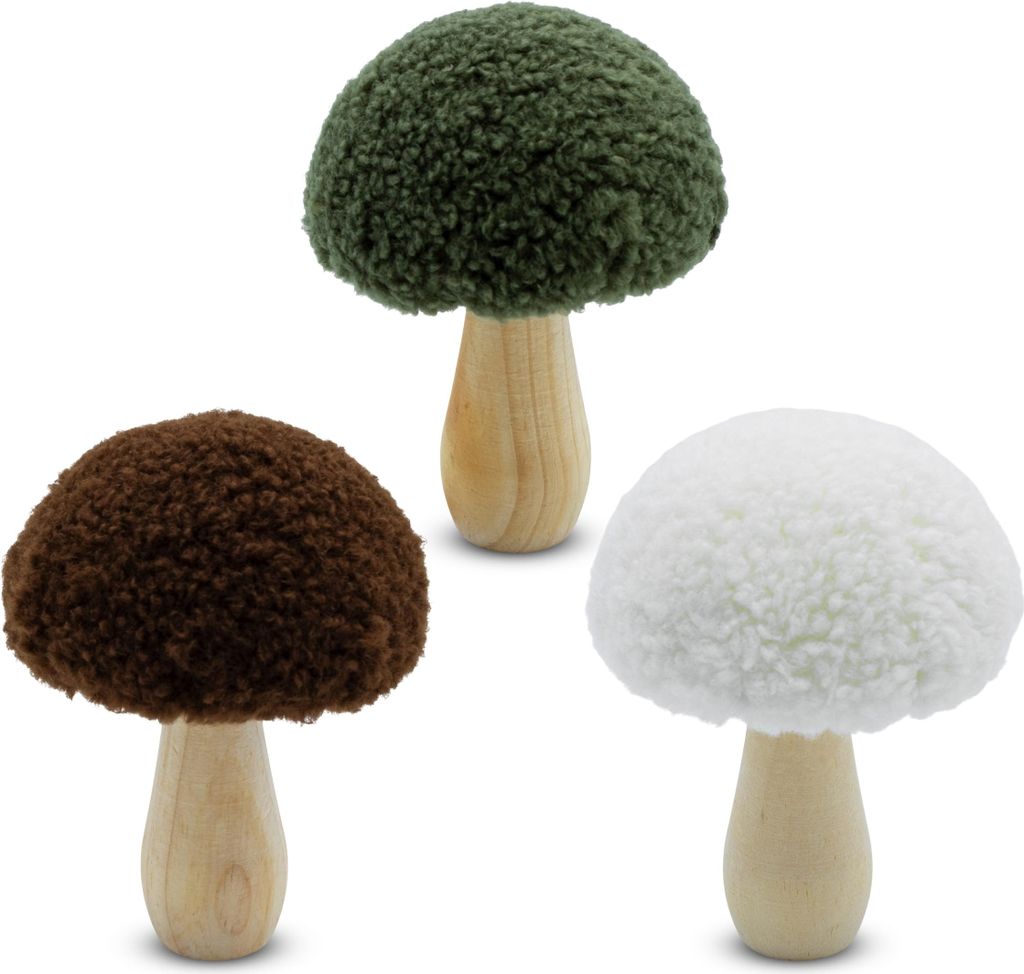 KleinpakHolz Deko Pilz mit Stoff Hut 11 cm zum Hinstellen - 3er Set - Waldpilz Dekofigur zur Herbst Dekoration