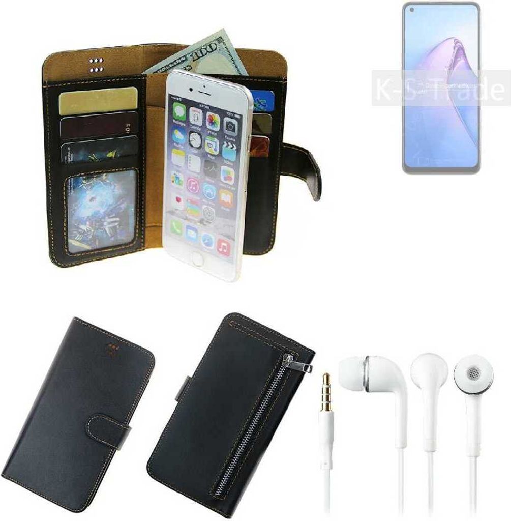 TOP SET Handy Hülle Schutz Hülle kompatibel mit Oppo Reno8 Global schwarz aus Kunstleder + Kopfhörer Smartphone Tasche vollwertige Geldbörse