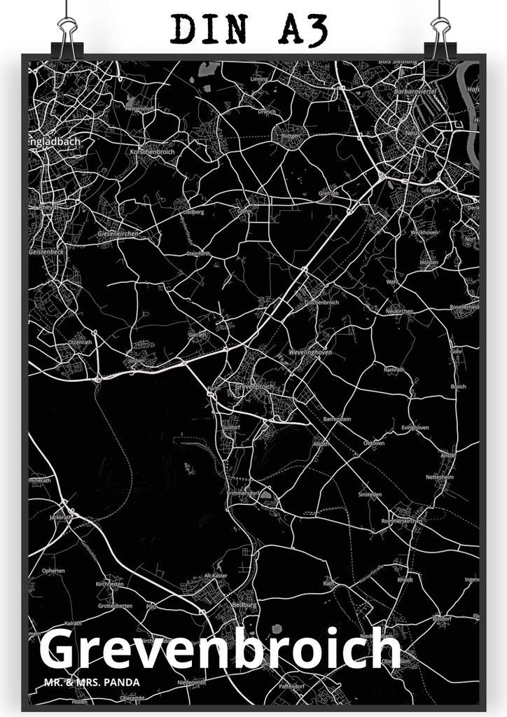 Mr. & Mrs. Panda Bild Grevenbroich DIN A3 - Geschenk, kunstdruck poster, wanddeko, Stadt, Plakat, drucke, Dorf Karte Landkarte Map Stadtplan