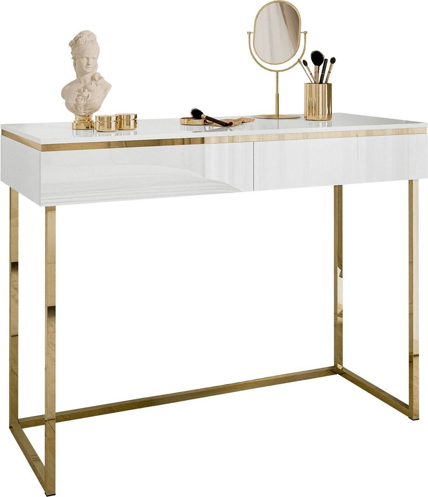 A white console table with gold accents and legs, decorated with a bust, jewelry, and makeup brushes.