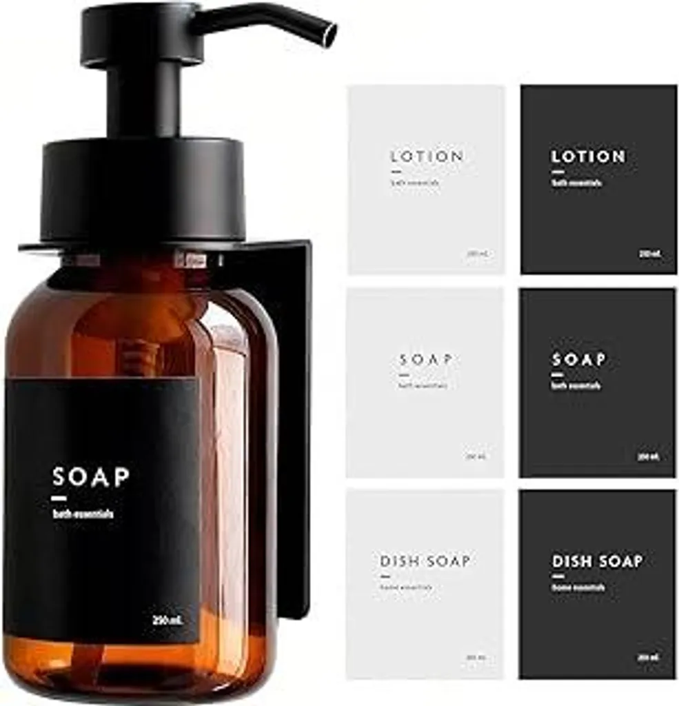 Dispenser di sapone Miluka con fissaggio a parete 250 ml | Vetro marrone con erogatore a pompa nero opaco | Montaggio a parete senza foratura | Dispenser di gel doccia ricaricabile per bagno e cucina con set di etichette - 1