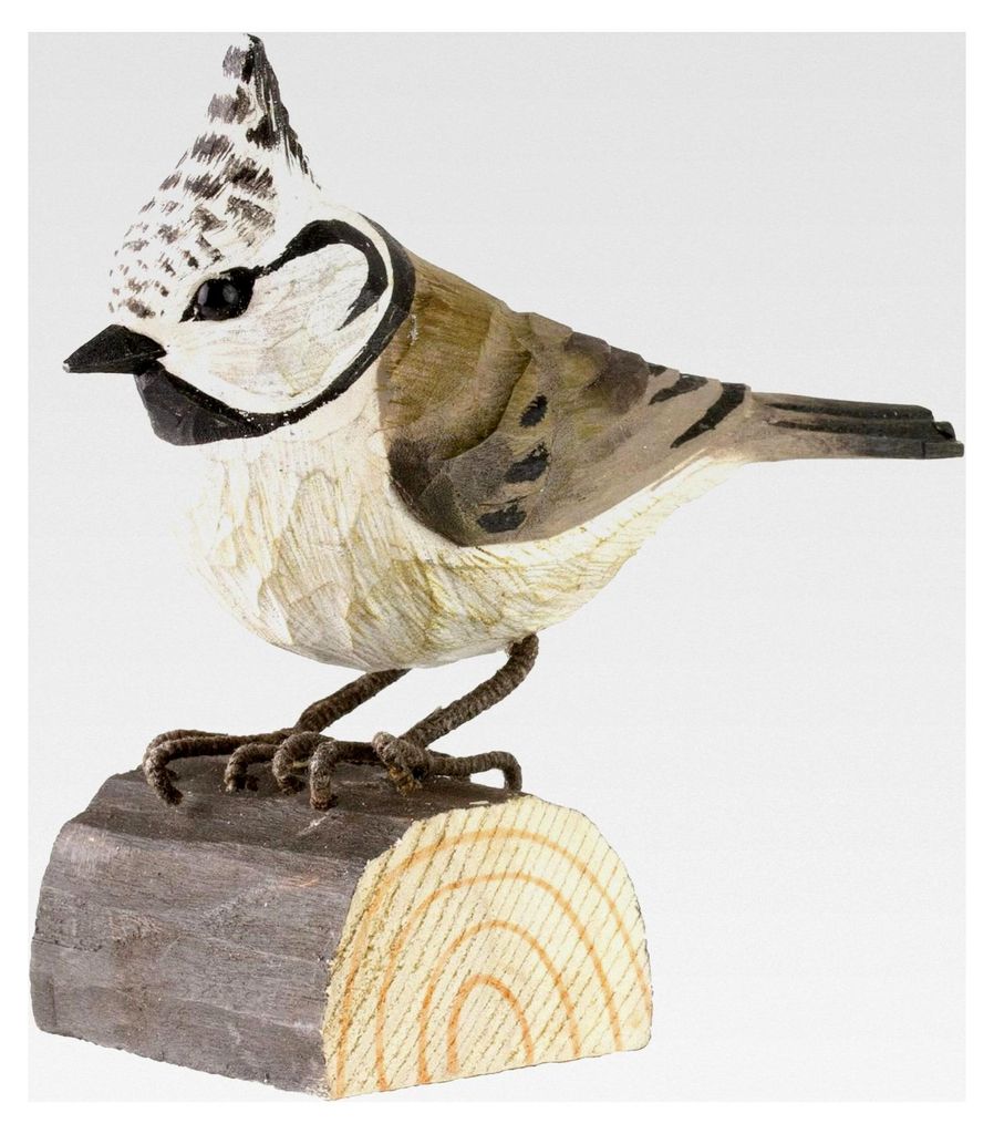 Dekorative Haubenmeise - Handgeschnitzter Holzvogel - Kleine Europäische Vögel