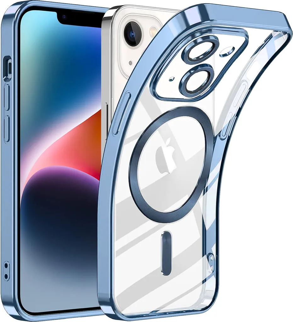 Custodia per iPhone 13 Custodia magnetica ultra sottile trasparente con Magsafe e copertura per fotocamera Azzurro