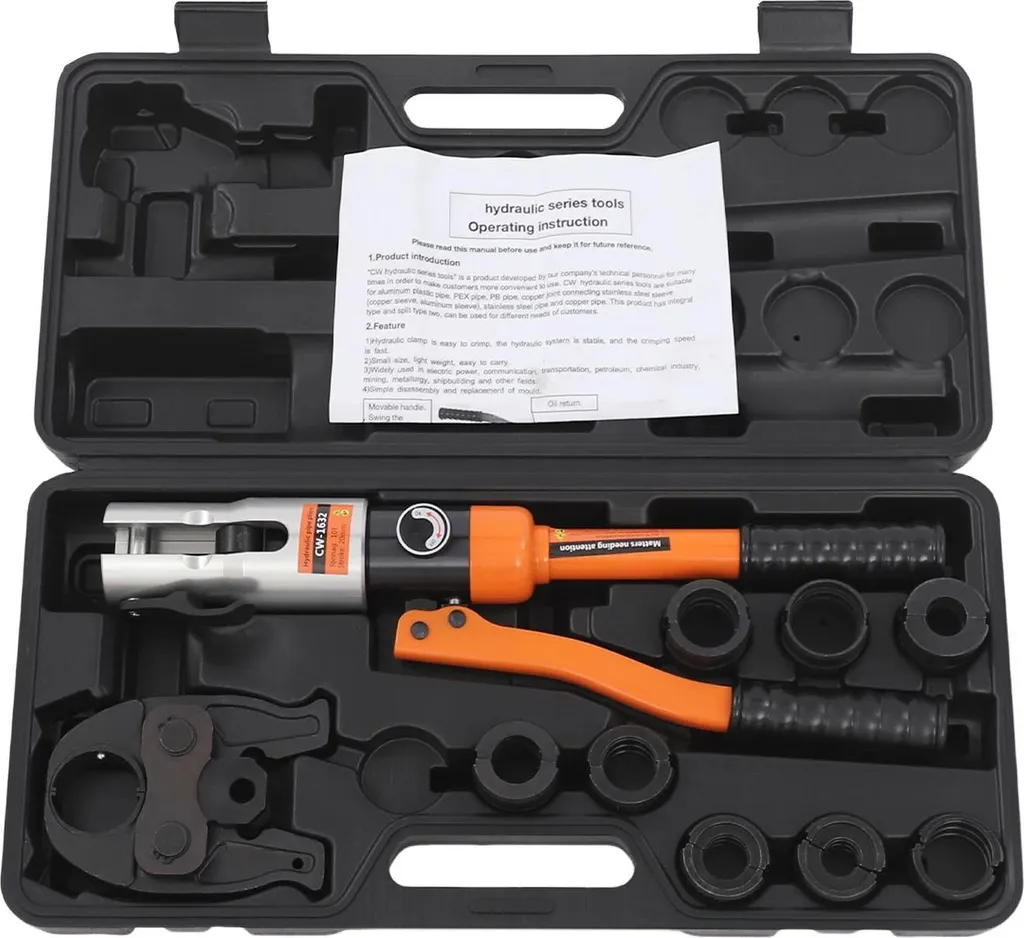 Pince à sertir hydraulique manuelle pour tubes avec 8 moules, orange